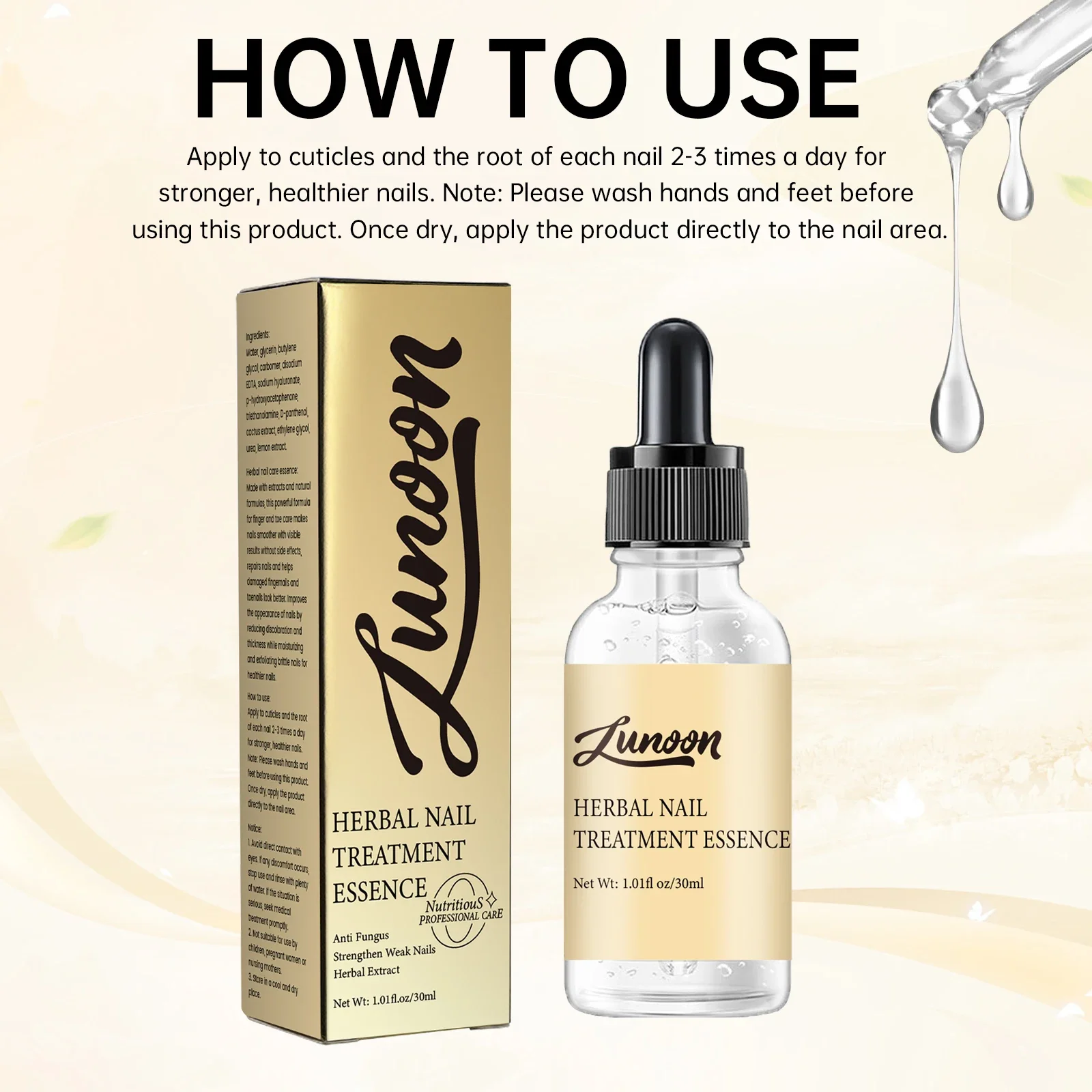 LUNOON Essence de traitement des ongles 30 ml - Hydratant et réparateur pour les ongles secs, craquelés, Soins des cuticules, Soulagement des ongles suspendus, Alimentation