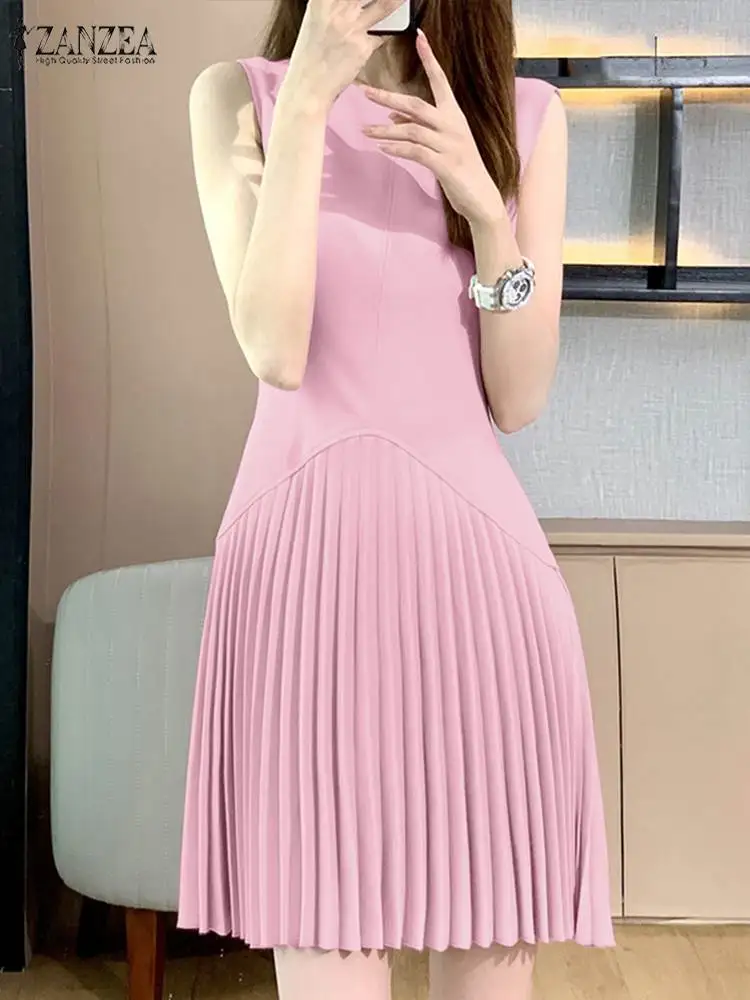 Women Sleeveless Solid Knee-length Sundress Fashion Casual A-line Party Work Vestido Sarafan ZANZEA Summer Elegant Pleated Dress