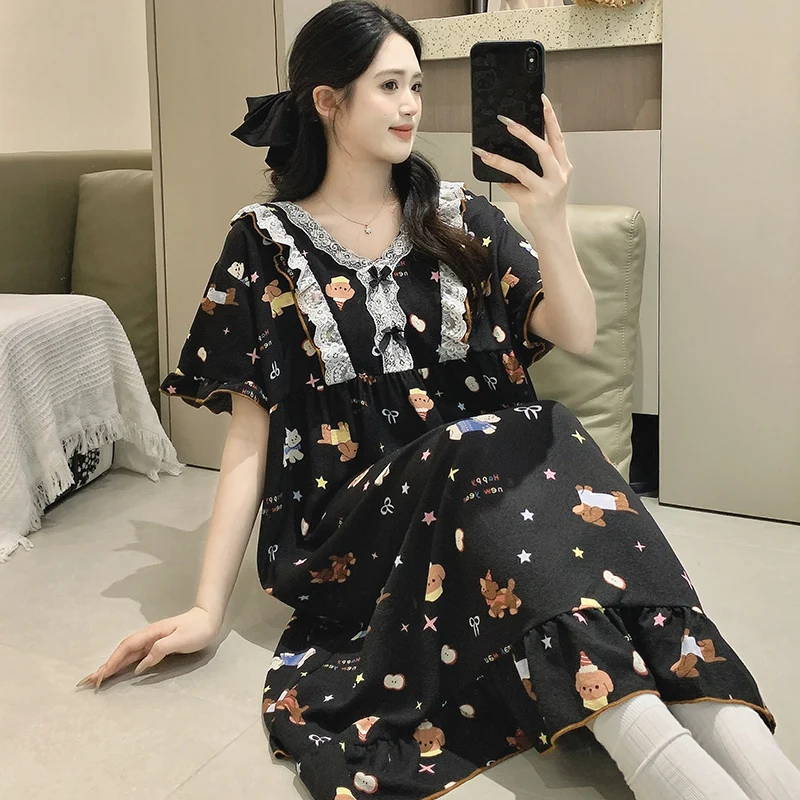 

Nightdress, women's summer short-sleeved bubble wrinkle cute, long dress loose plus-size cartoon printed pajamas
