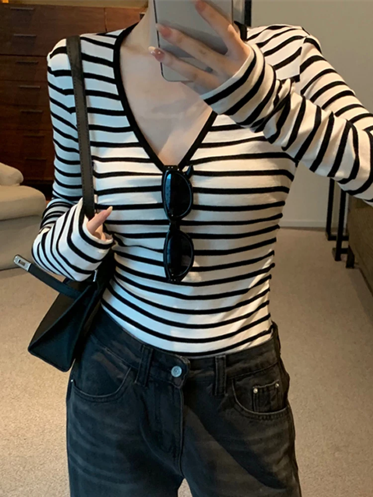 Clássico bla listras brancas longo sve camiseta feminina v-ne fino ajuste camada base superior coreano sle commute faion