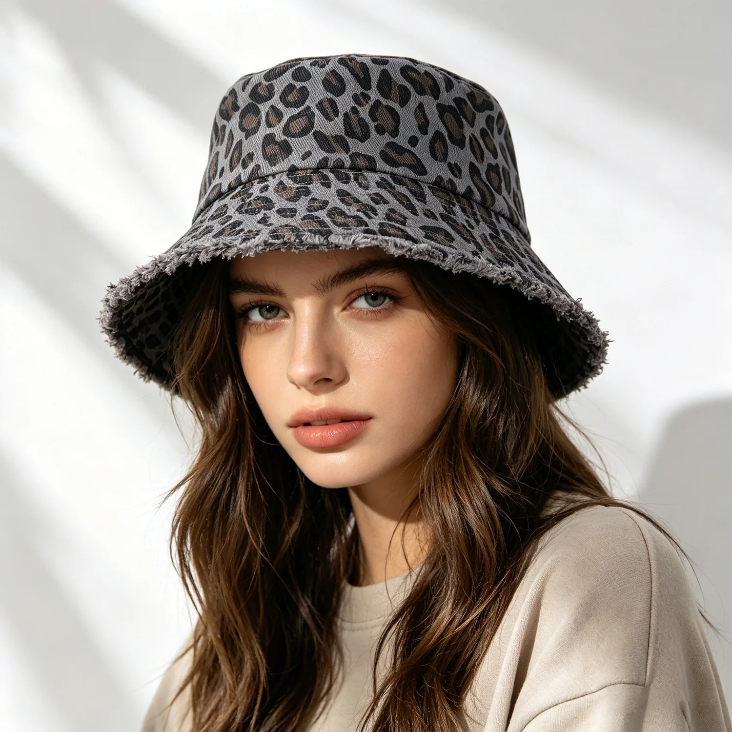 retro leopard print burr bucket hat women's summer outdoor mountaineering denim sun hat big brim sun hat 3