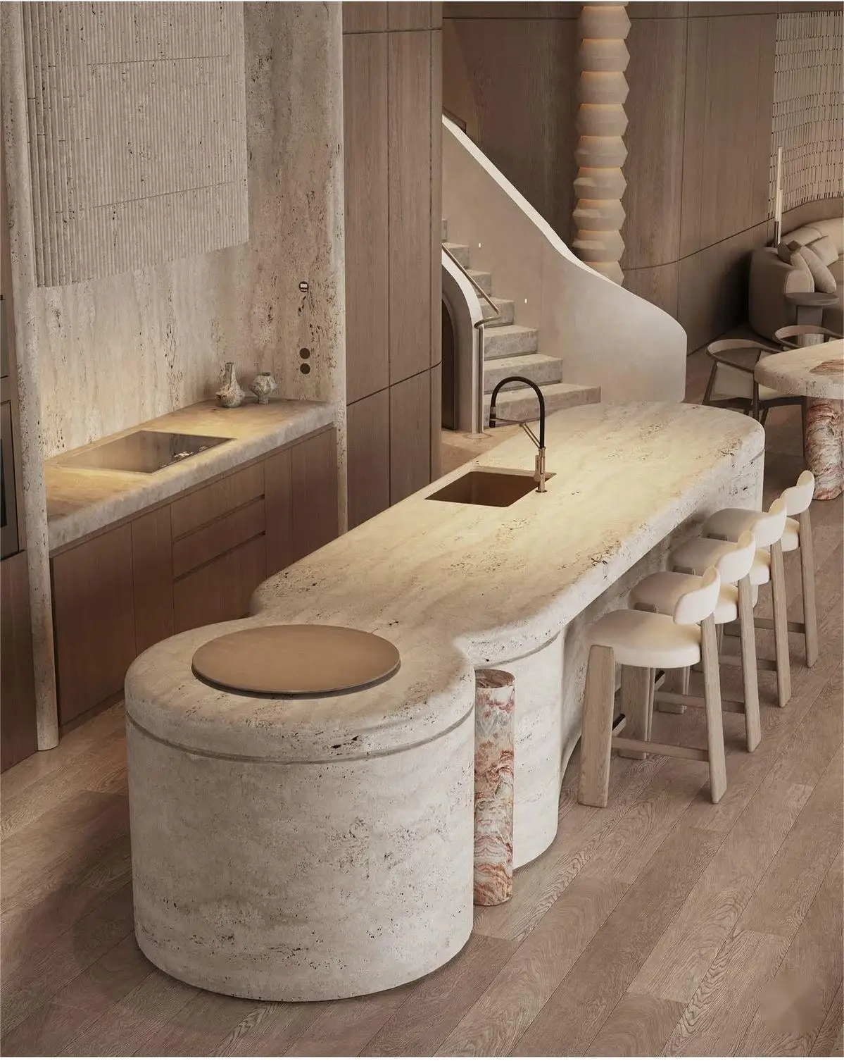 Modern Handmade Cream White Travertine Stone Kitchen Countertop for Restaurant Hotel Villa