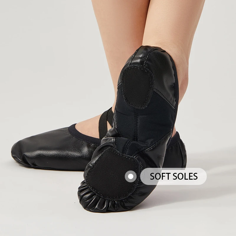 Girls Women Ballet Shoes Black Leather Dancing Slippers Ballet Flats Elastic Straps Soft Sole Dance Shoes kids men training shoe