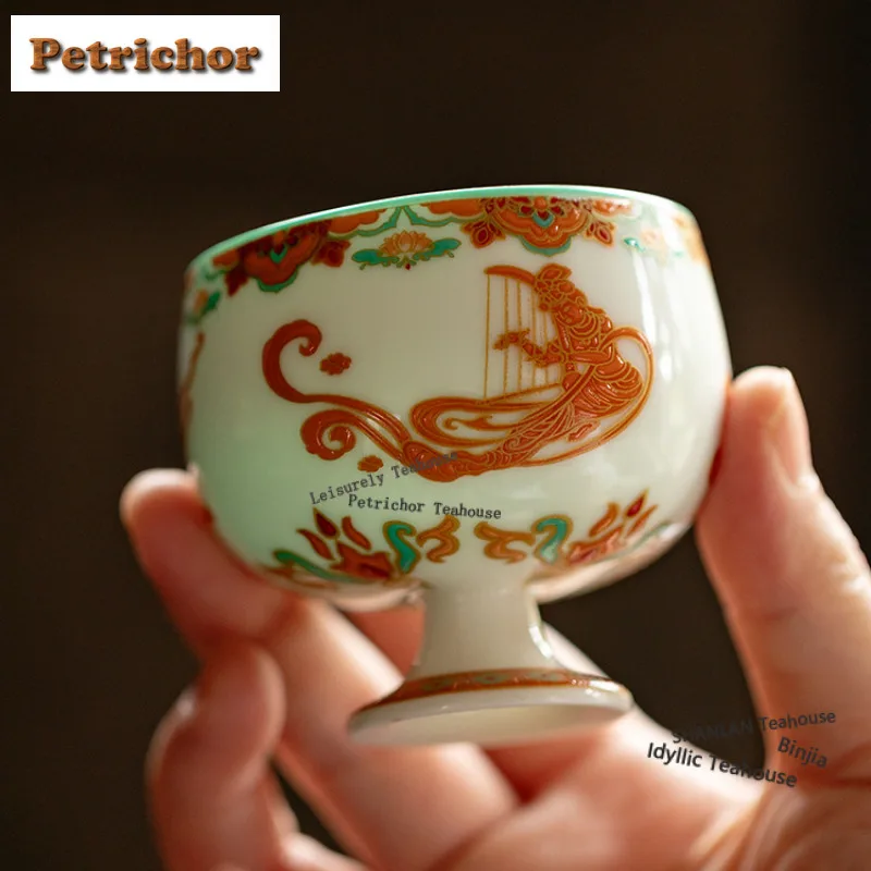 

80ml Dunhuang Apsaras High Foot Teacup Retro Tea Bowl Sample Tea Cup Tea-tasting Personal Cup Chazhan Master Cups Tea Items Gift