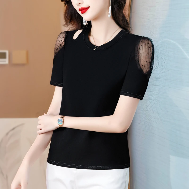 

Sexy Women Mesh Shirt Patchwork Black Tops 2025 Summer Round Neck Short Sleeve Casual T Shirt