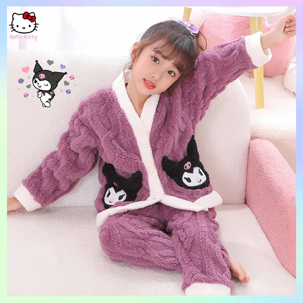 2023 Spring Autumn Sleepwear Children's Flannel Pajamas Set Kawaii Anime Kuromi Cinnamoroll Girls Kids Warm Loungewear homewear