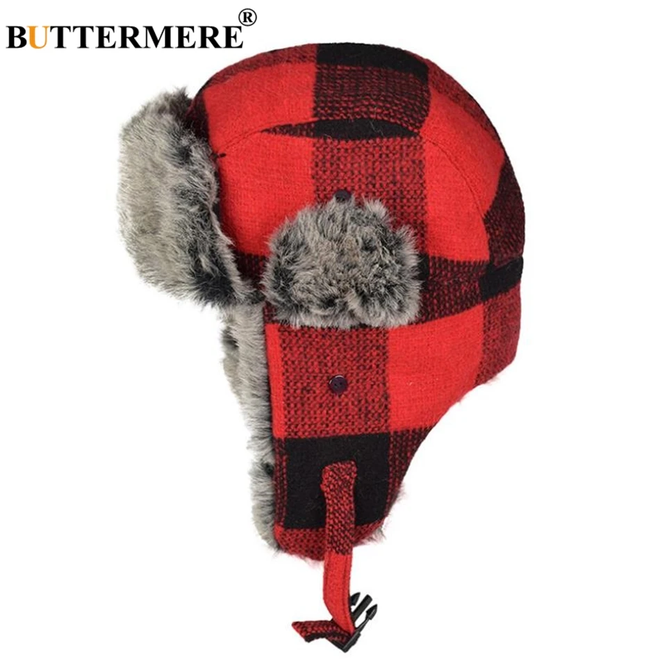 BUTTERMERE Winter Bomber Hat Women Men Grey Plaid Russian Ushanka Hats Warm Thick Ski Male Female Outdoor Earflap Trapper Hat