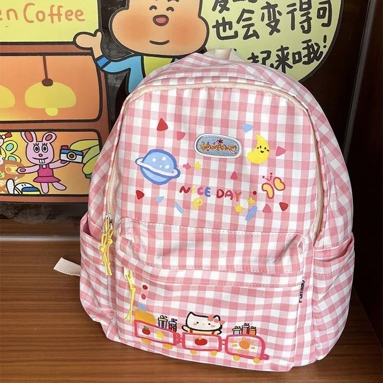 

Sanrio Hello Kitty Lattice Backpack Cartoon Printing Sweet Anime Student Schoolbag Backpacks Mochila Infantil Menina For Girls