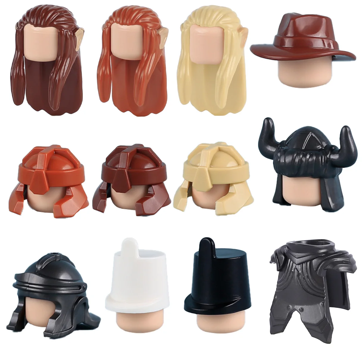 MOC Viking Warrior Helmets Elf Hair Accessories Building Blocks Cowboy Hat Medieval Military Dragoon Knights Armor Bricks Toys