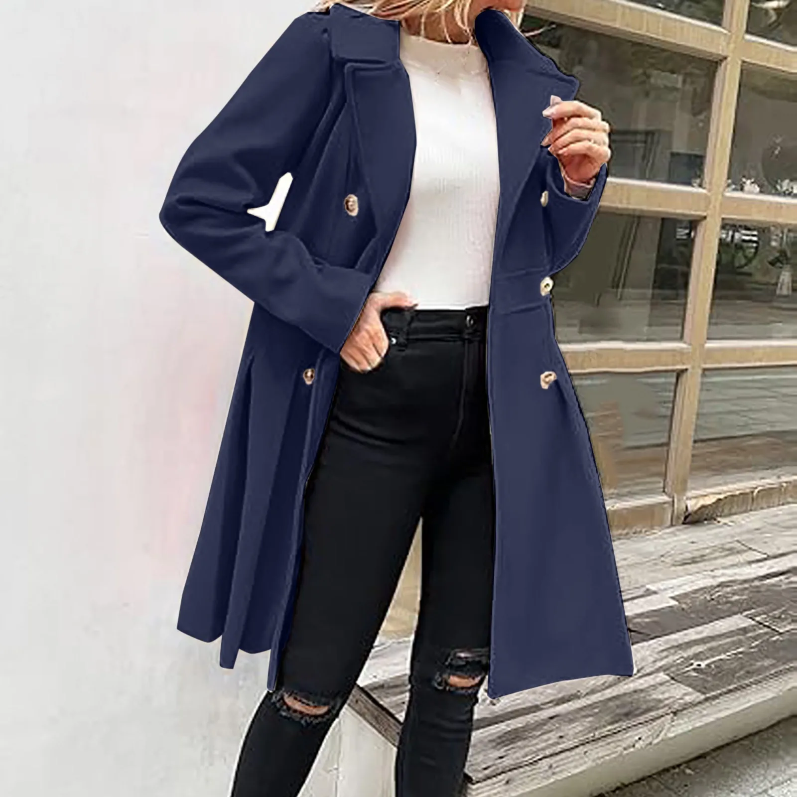 Women's Jacket Fall Winter Lapel Double Breasted Coat With Pockets Elegant Cardigan Casual Oversized Overcoat Outwear Clothes