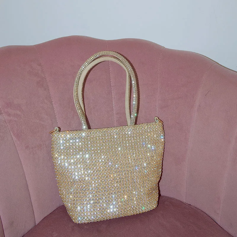 Shiny, inlaid with diamonds, vegetable basket bag, niche design, simple handbag, large-capacity messenger bag