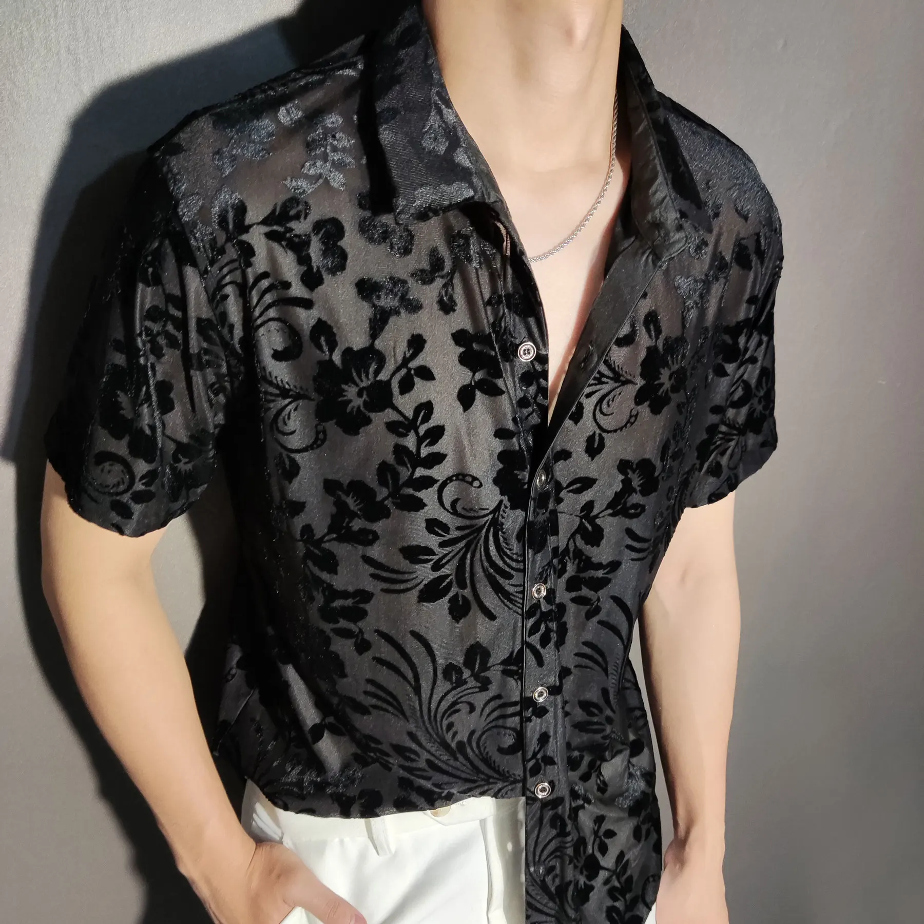 Men  Sexy Abstract Art Shirt Fashion Transparent Black Gold Shirt Casual Nightclub Shirt Top See Through Stylish Shirts For Men