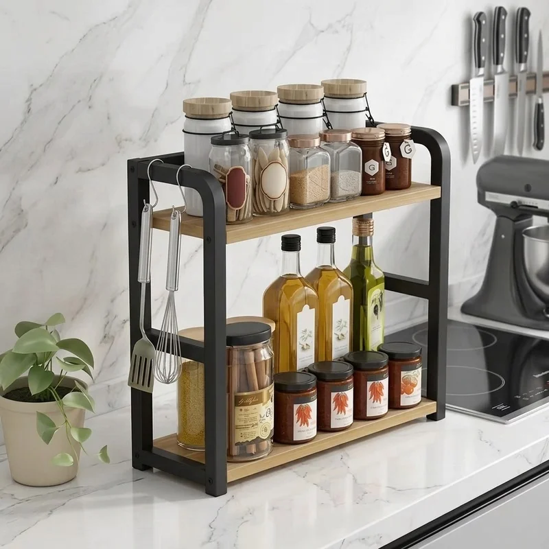2-Tier Metal Countertop Shelf Kitchen Organizer Rack for Coffee Mugs and Condiments, Space-Saving Rustproof Storage Shelf.