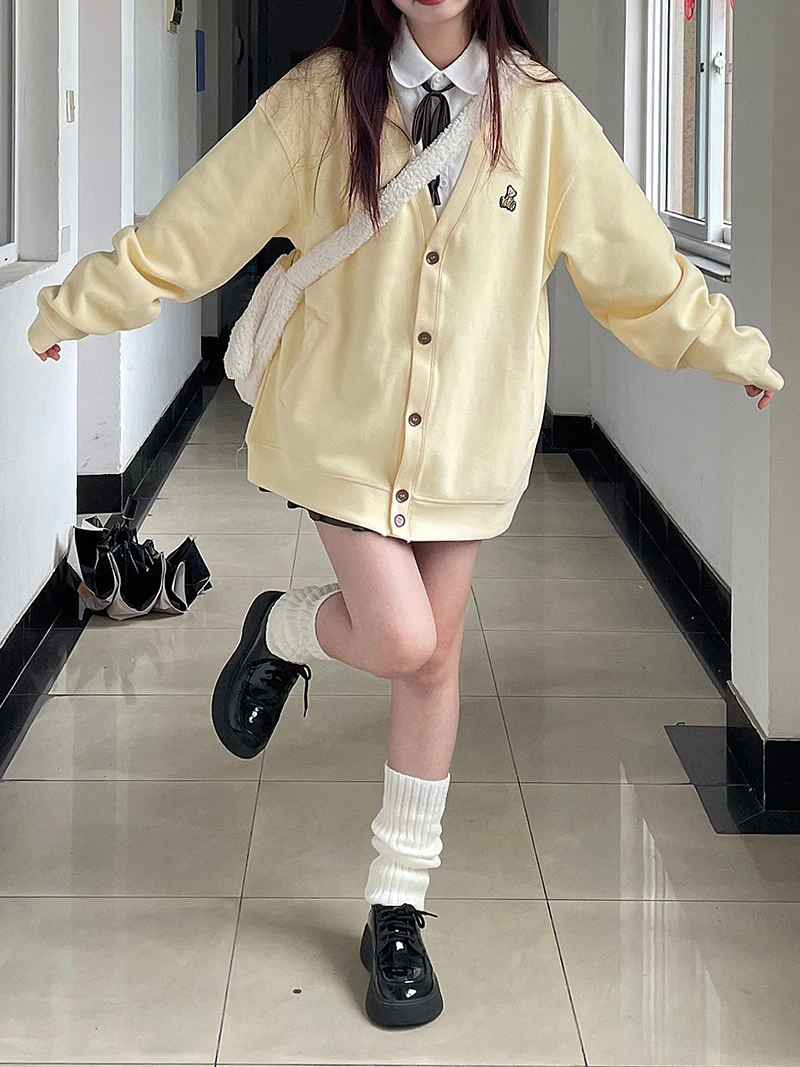 2024 Fashion Cute Kawaii College Jackets Cardigan hoodie Coat Women Preppy Bear Embroidery Loose Casual Harajuku jacket Girl