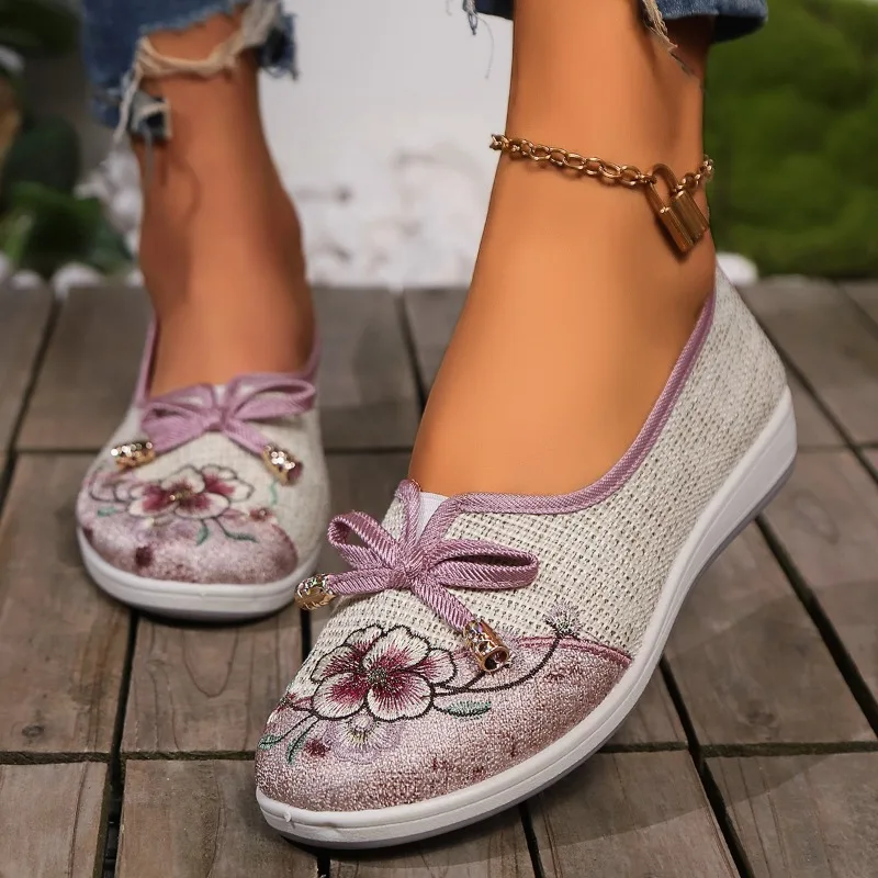 Women's Single Shoes Summer New Flat Embroidered Bow Matching Color Oxford Shoes Casual Comfort Increase Non-slip Cloth Shoes