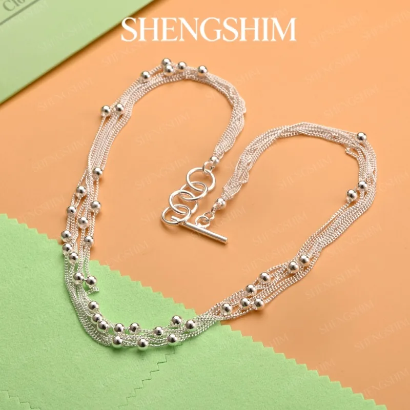 SHENGSHIM 925 Sterling Silver Multi Layer Fine Chain Beads OT Clasp Necklace For Men Women Fashion Jewelry Engagement Party Gift