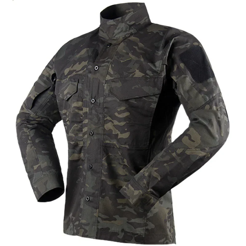 Camisa táctica de manga larga para hombre, Tops informales de camuflaje con una botonadura, uniforme de entrenamiento con cuello levantado y múltiples bolsillos