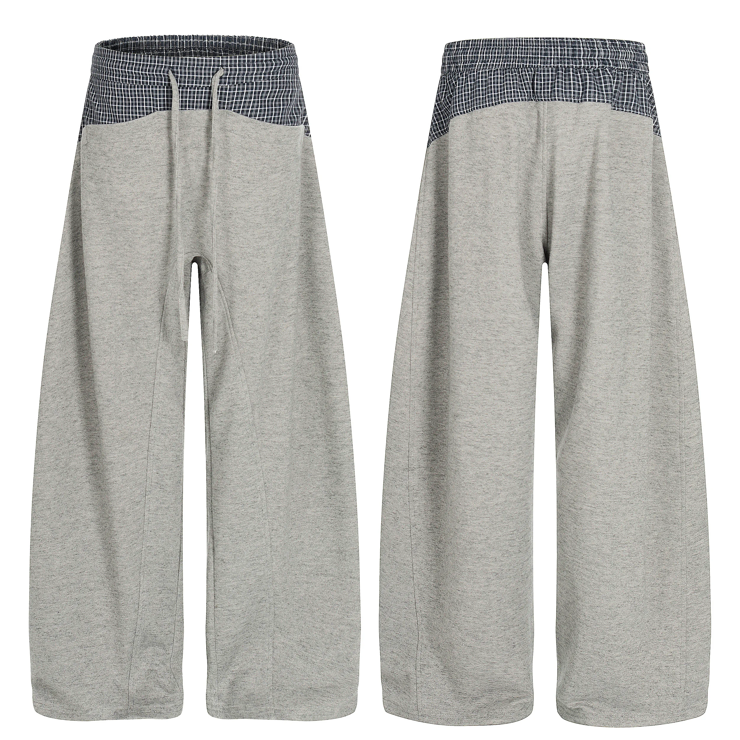 

C963# 26SS American Retro Grey Color Block Plaid Fake Two-Piece Casual Pants Vintage Style Trousers for Casual Wear