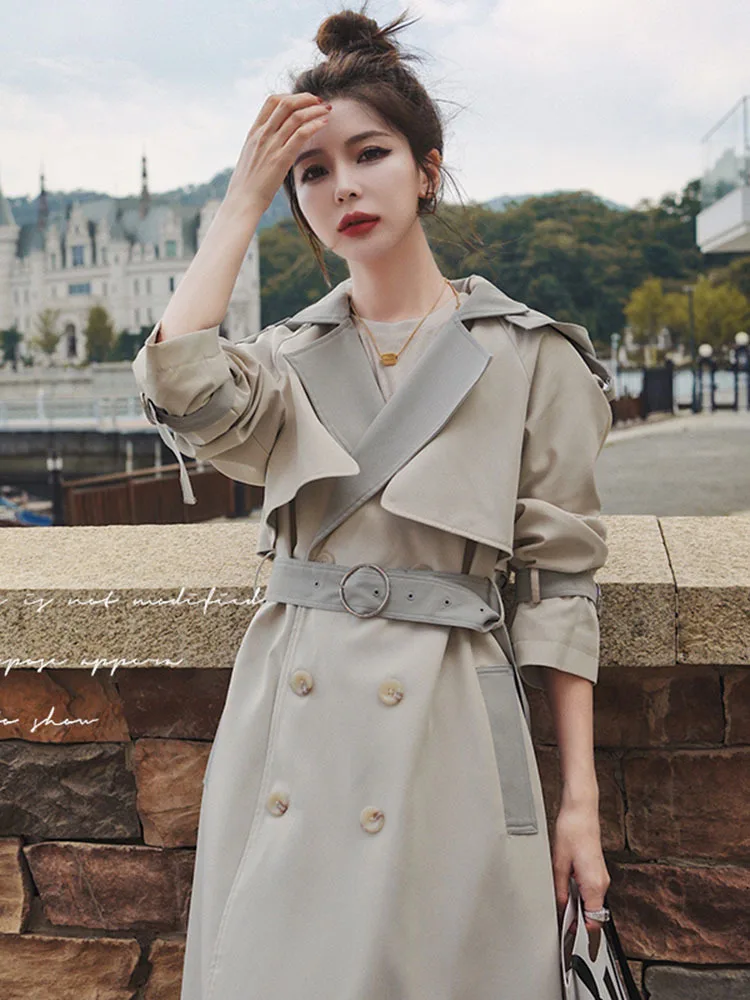 LANMREM Fashion Windbreaker For Women Hoodied Color Block Long Sleeves Double Breasted Loose Big Size Female Streetwear 2DA7506
