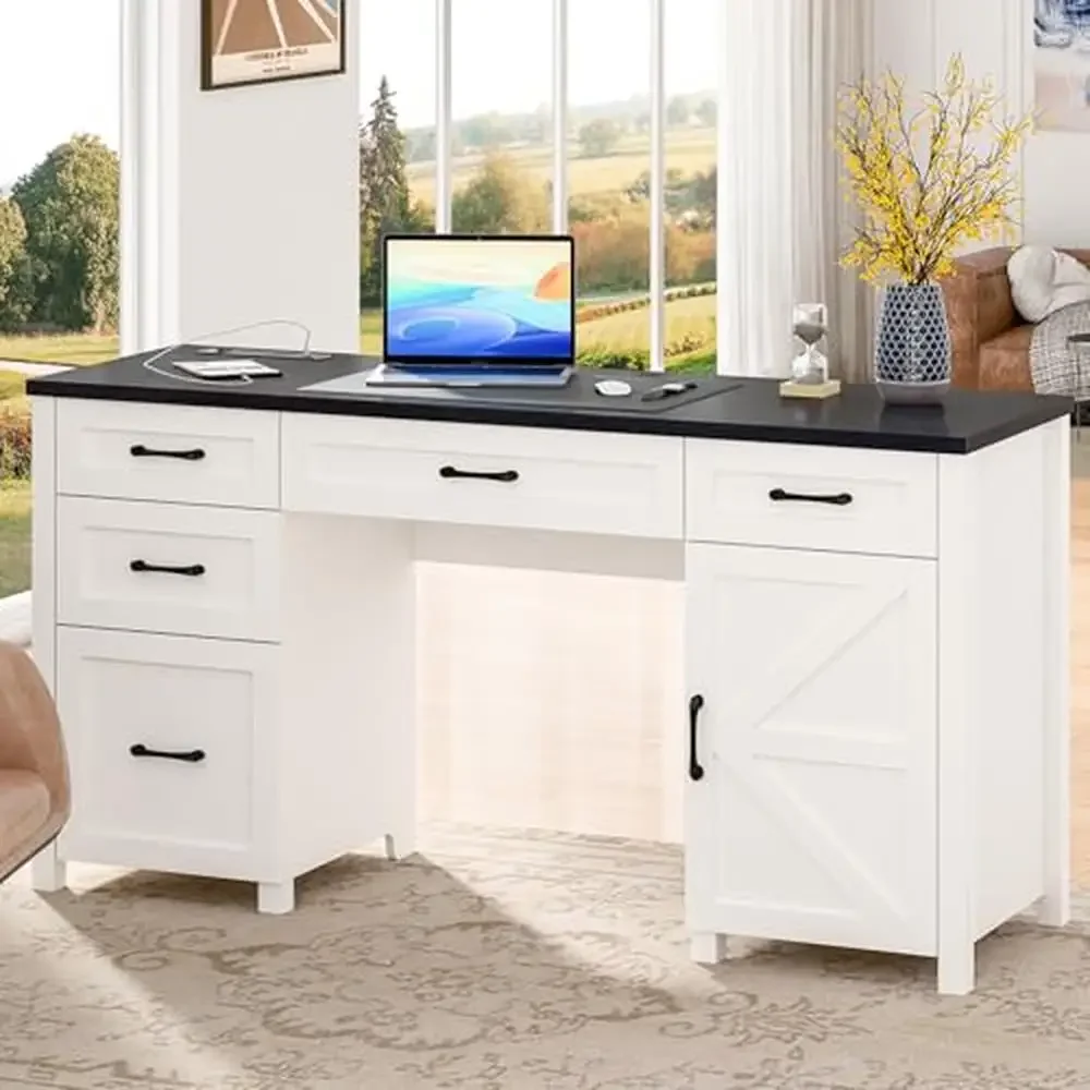 Farmhouse Executive Desk Charging Station File Storage 61'' 5 Drawers Rustic Office Computer Desk Organized Workspace Rustic