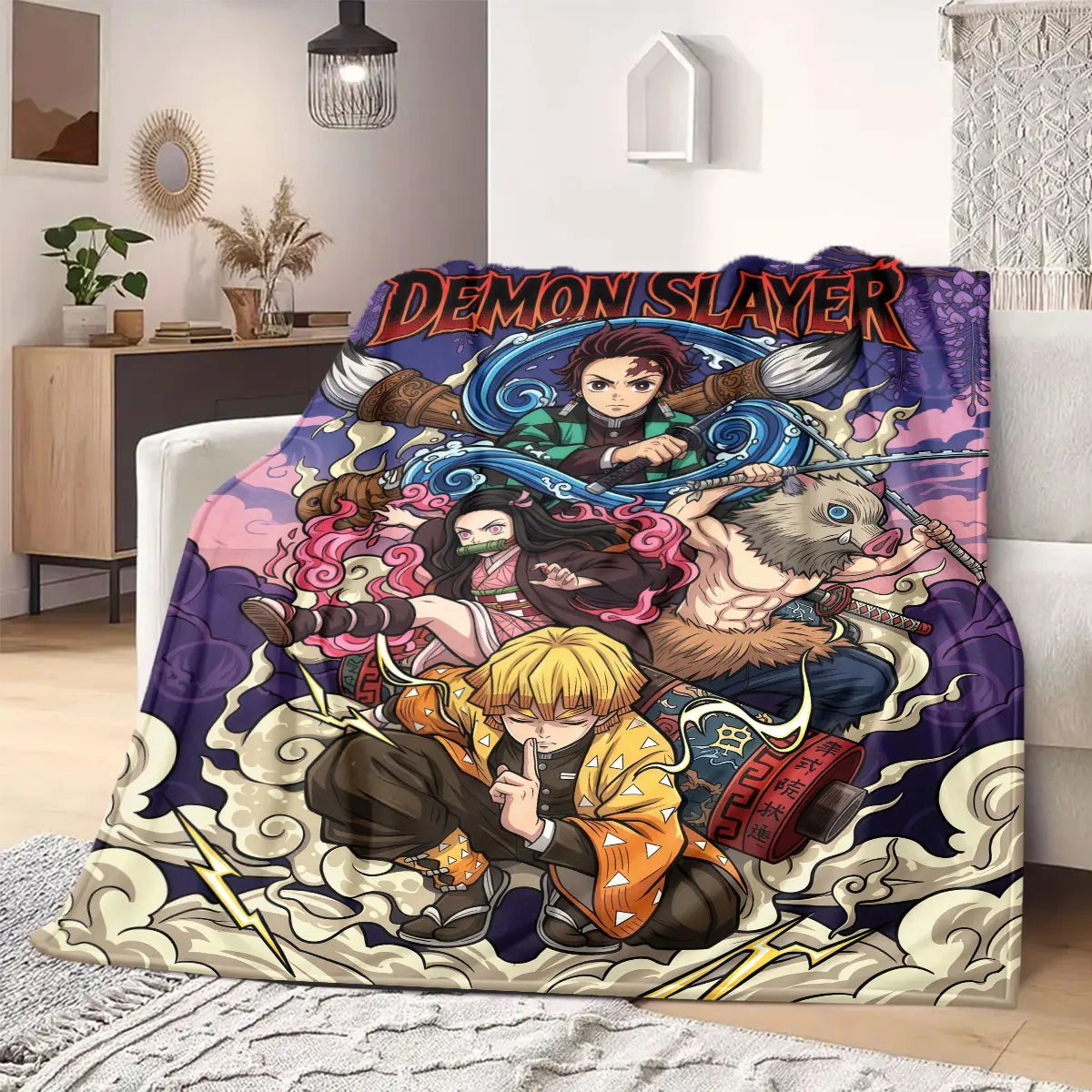 Demon Slayer Bold Cartoon Flanelldecke, bedruckte Grafik für Heimdekoration, warm für Betten und Stühle, Reise-Nickerchenmatte_LIAN