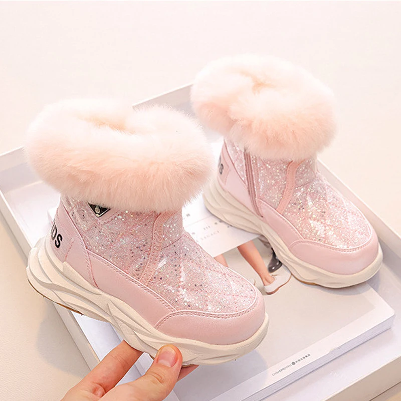 Kids Snow Boots 2023 Winter Toddler Girls Princess Fashion Brand Chelsea Middle Calf Boots Children Warm Fur Waterproof Shoes