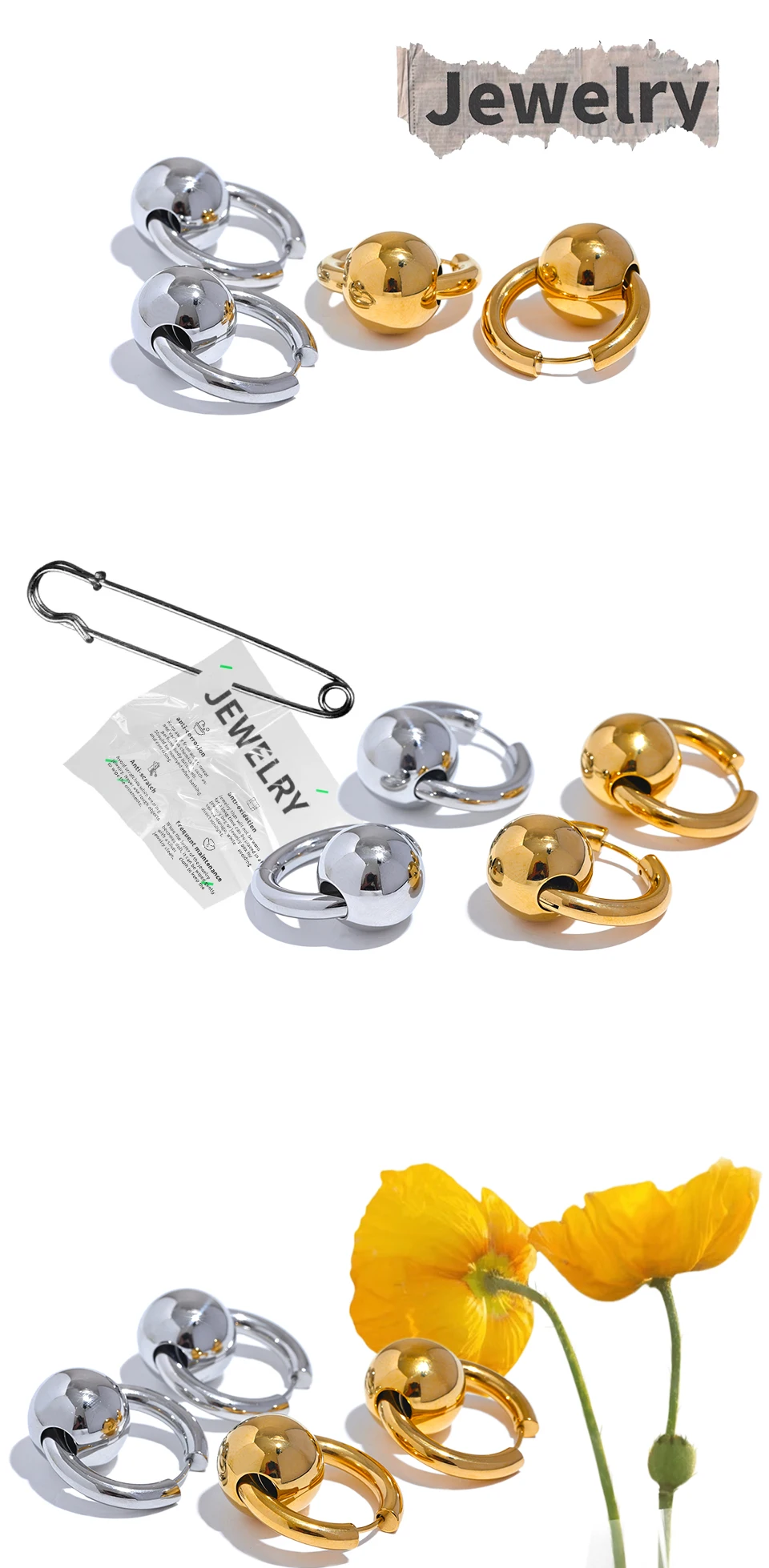 Yhpup 316l Edelstahl Metall Runde Kugel Creolen Wasserdicht 18K Gold PVD Überzogene Textur Mode Charme Schmuck Frauen neue – Detail 8