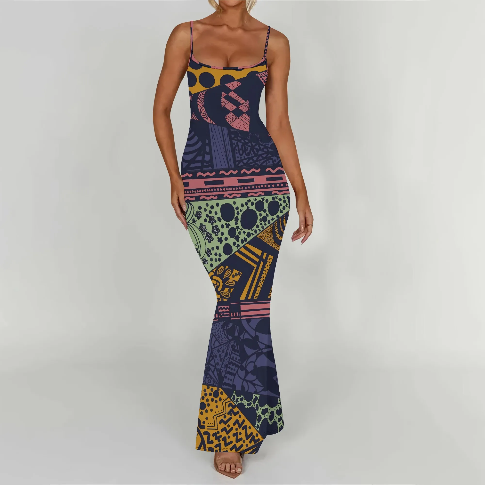 

EQQZD Green Purple Geometric Sleeveless Maxi Dress - Women's Bold Stylish Summer Resort Evening Wear 2025