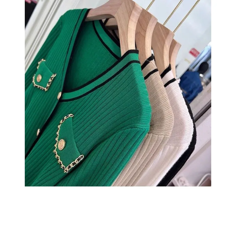 Topstitch Dekoration Vielseitiges V-Ausschnitt-Langarm-Top Damen 2024 Herbst New Chic Slim-Fit-Pullover Strickjacke