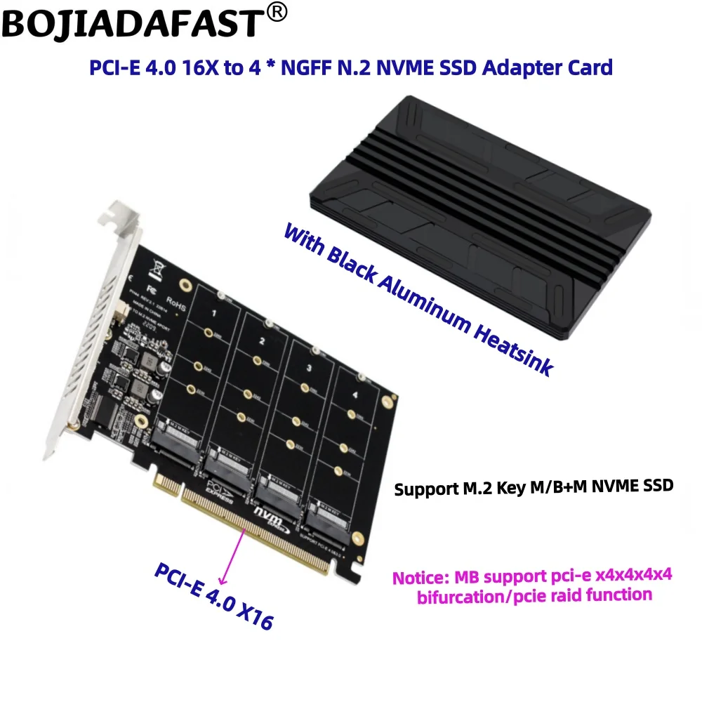 

2025 Hot Sale PCI Express 3.0 PCI-E 4.0 16X To 4 * NGFF M.2 2280 NVME SSD Converter Adapter Card With Aluminium Heatsink