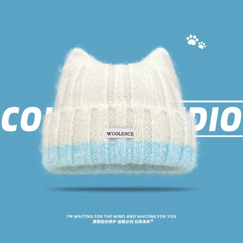 Niedliche und süße Katzenohren-Strickmütze mit Farbblockierung für Damen, Herbst und Winter, warme und vielseitige Ski-Skull-Beanie-Mütze. – Detail 3