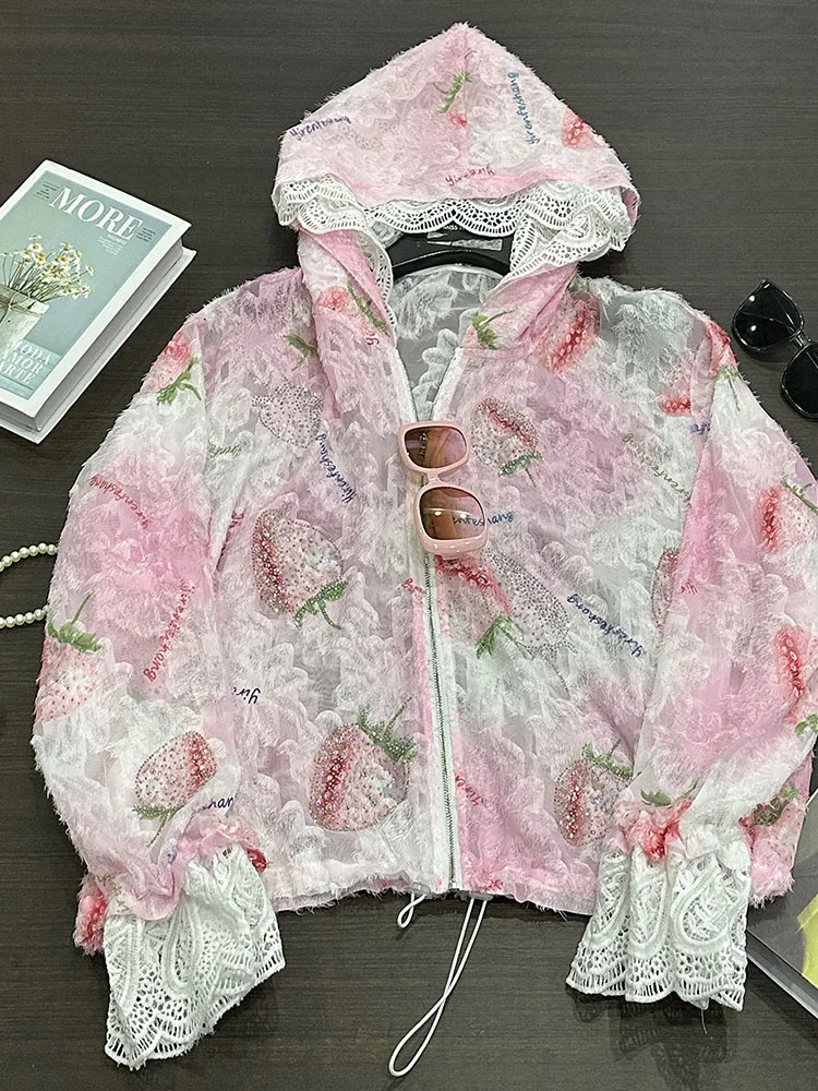 Women Hot Drilling Diamonds Beaded Sunscreen Hoodies Shirts Coat Strawberry Butterfly Lace Spliced Blouses Zipper Cardigan Tops