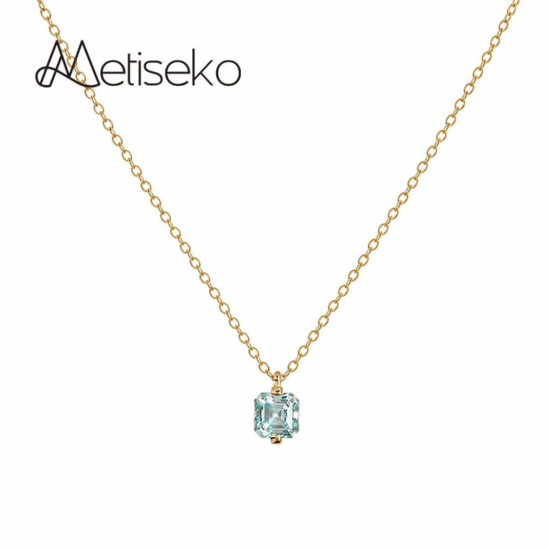Metiseko 925 Sterling Silver 14K Gold Plated Light Blue Square Cut Cubic Zirconia Solitaire Pendant Necklace for Women