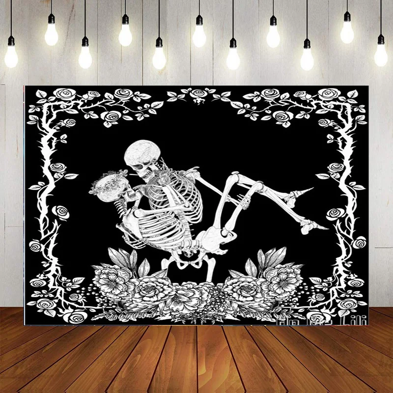 Halloween Photography Backdrop Till Death Do Us Part Bridal Groom Spooky Skeleton Anniversary Party Background Decor Banner