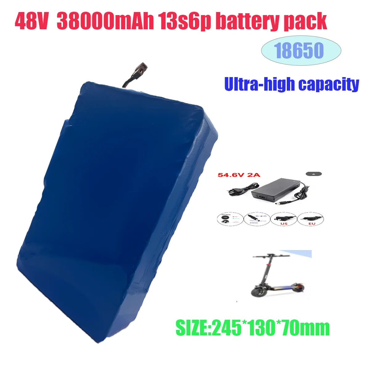 

48V Battery 38000mAh real capacity 13S6P XT60 18650 Lithium ion Battery Pack 36000mAh 1800W 2000W For 54.6V E-bk BMS 2A Charger