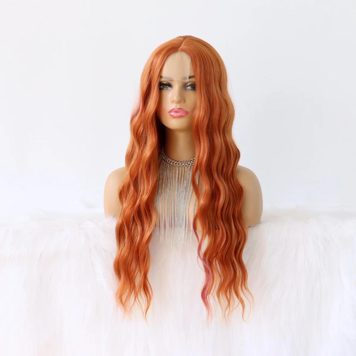 Orange Red Lace Front Wigs Glueless Ginger Color Natural Wave Synthetic Heat Resistant Fiber Hair Wig for Cosplay Daily Use