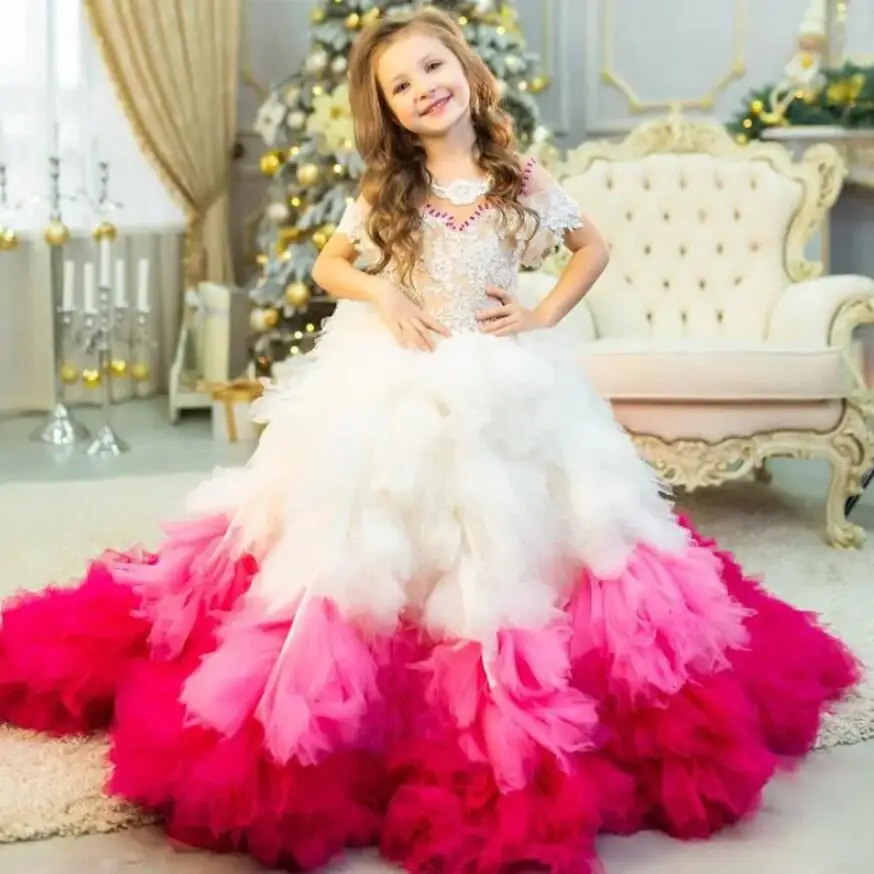 

Luxury Christmas Pageant Gown Laced Bodice Princess Flower Girl Dress Wedding Girls Birthday Party Gown with Long Train