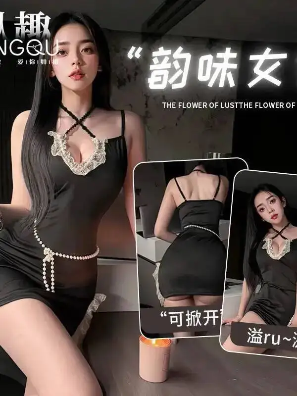 Sexy Lingerie Halter Lace Strap Dress Elegant Nightclub Temptation Flirting Pajamas Passionate Women Tank Mini Dress Tops S3R8