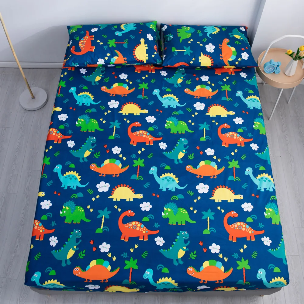 1 Piece Waterproof Bedsheet Cartoon Dinosaur Pattern Fitted Sheet,Breathable Bedding (Excluding Pillowcase)Soft Bed Cover