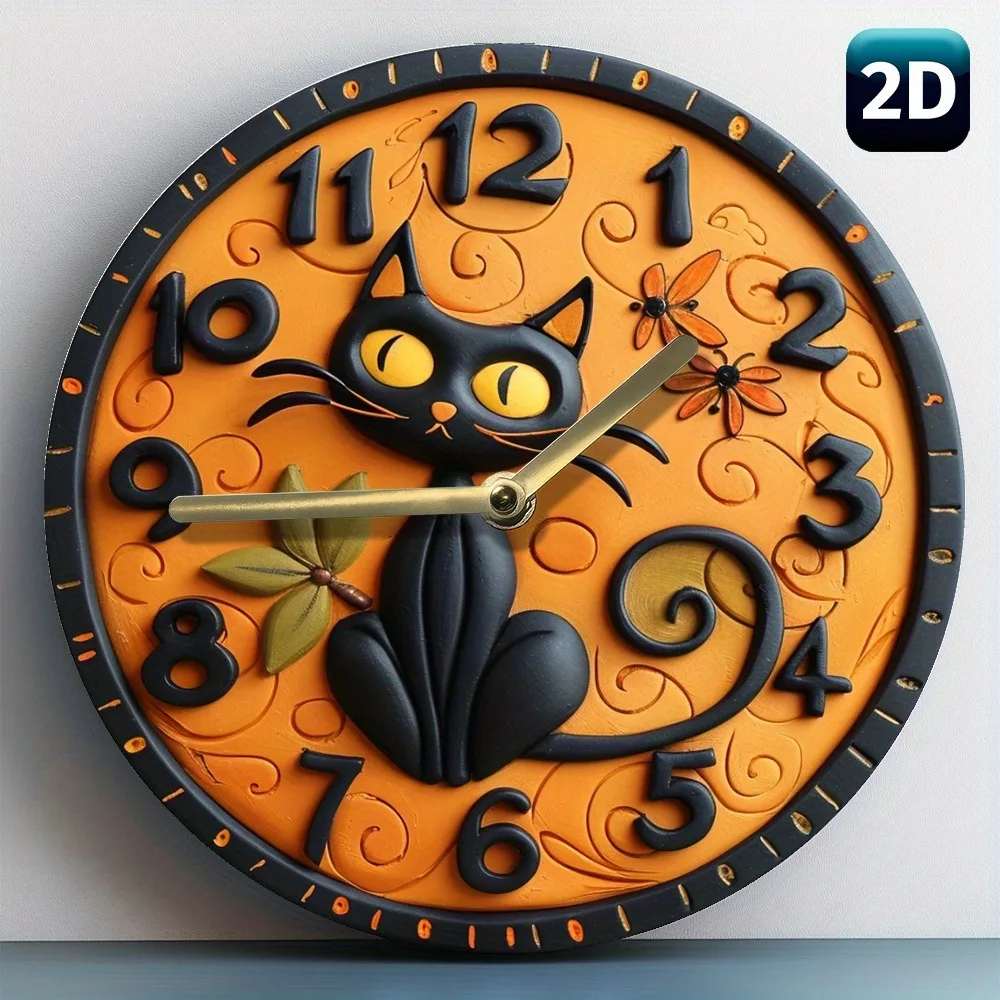 A Charming Wooden Wall Clock with a Cute Black Cat Pattern. Ideal for Home or Office. Takes AA Batteries.