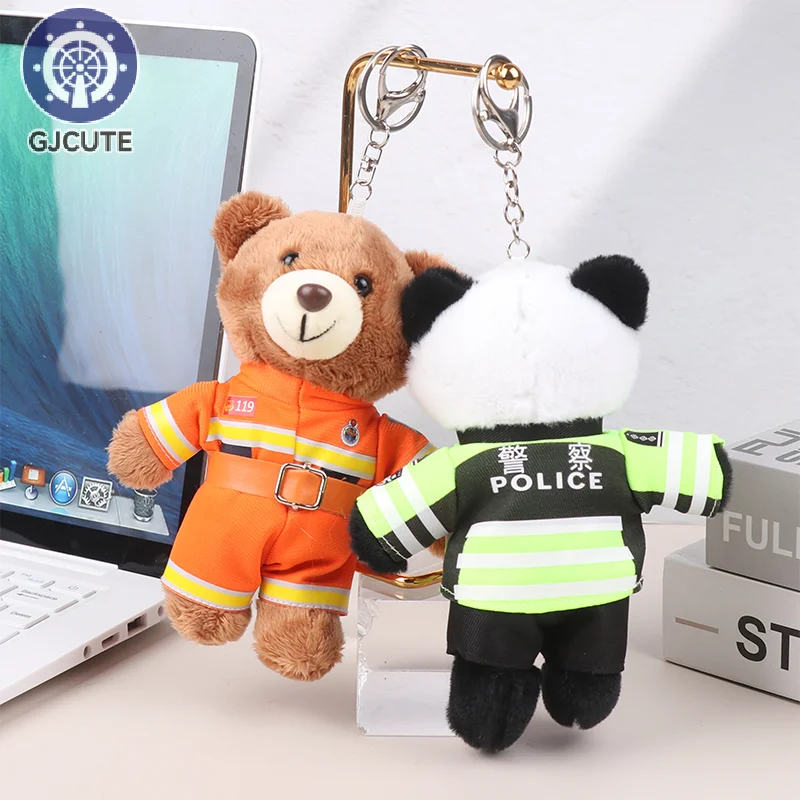 Traffic Police Small Bear Panda Plush Toys Keychain Police Firemen Animals Keyring Pendant Car Backpack Charms Bag Decor Gifts