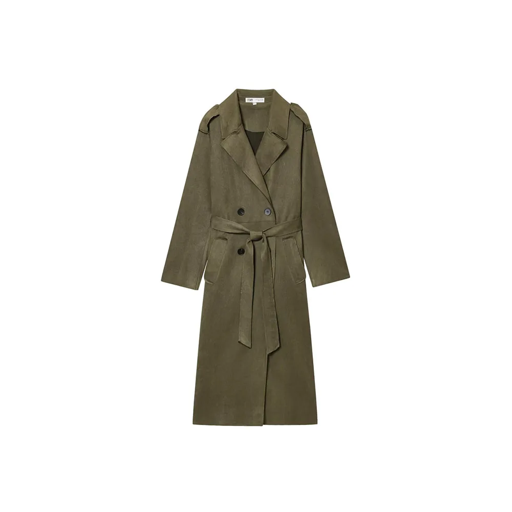 

Autumn new women's lapel double row buckle with waist belt and suede leather long windbreaker jacket