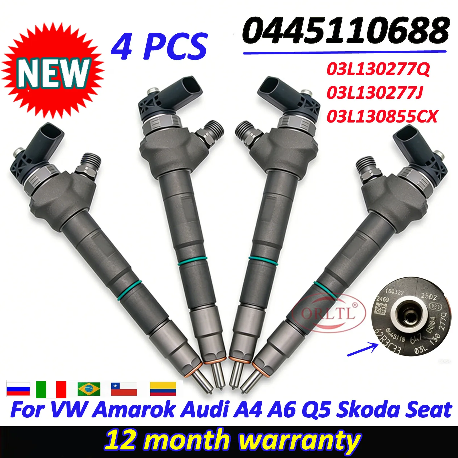 

4 PCS 0445110688 NEW Original Fuel Injection 03L130855CX 03L130277Q 03L130277J For For VW Amarok Audi A4 A6 Q5 Skoda Seat