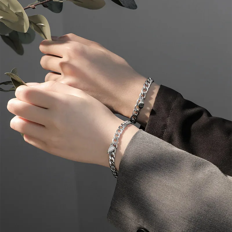 2Pcs/set Magnet Couple Bracelets Heart Attraction Bracelet Sliver Love Charm Simple Cuban Chains Key Lock Jewelry Gifts image 4