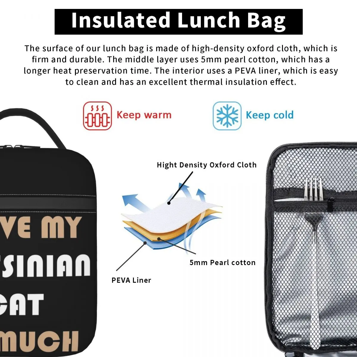 I Love My Abyssinian Cat So Much Insulated Lunch Bag for Women Children Portable Food Boxes Thermal Lunch Box Tote