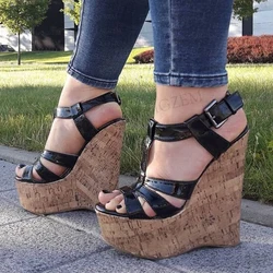 BERZIMER Women Platform Wedges Sandals 17CM Ankle Strap Open Toe Pumps Shiny Height Increase Shoes Woman Big Size 38 41 44 48