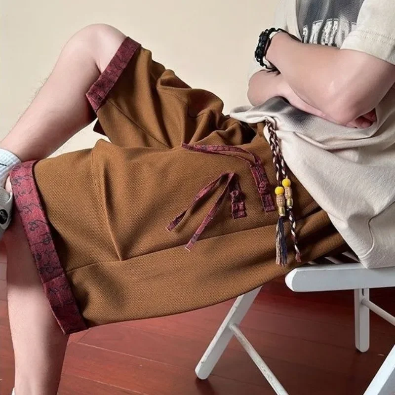 With Pockets Draw String Long Men's Cargo Shorts Button Elastic Waist Baggy Black Loose Bermuda Half Male Short Pants Wide Nylon