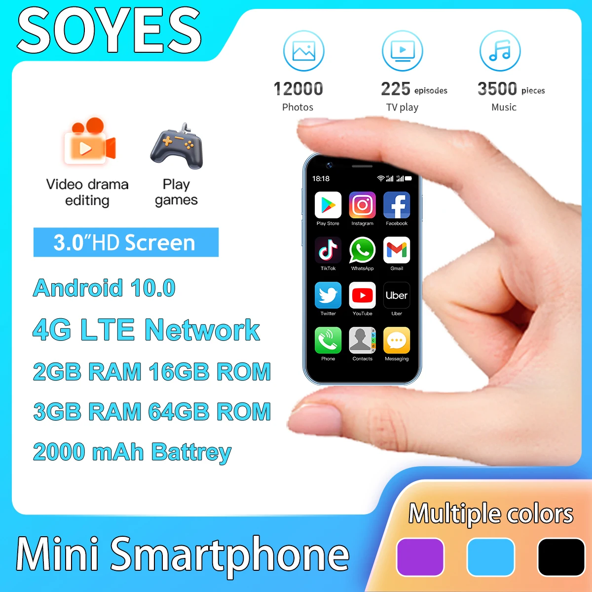 SOYES XS16 Blue Mini Smartphone, 2GB RAM+16GB RAM, 4G Network Dual SIM Card, 2000mAh Battery, 3-inch Small Phone