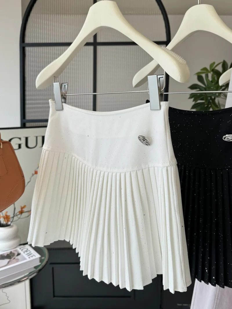 Koreaanse stijl korte geplooide rokken dames zomer nieuwe hoge taille slanke temperament pailletten rok zachte elegante glanzende rokken