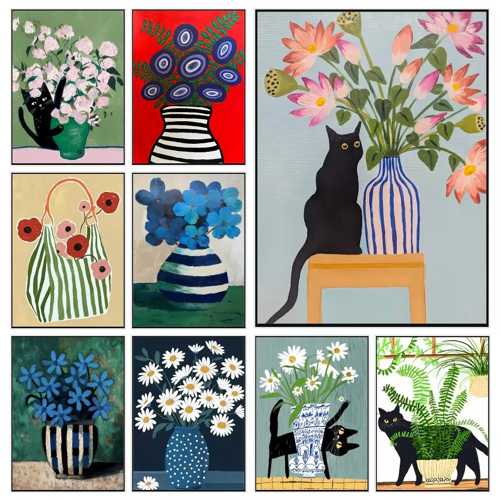 Artistic Concept F-floral arrangement art and cats Poster Trendy Aesthetic Wall Decor for Dorm & Bedroom